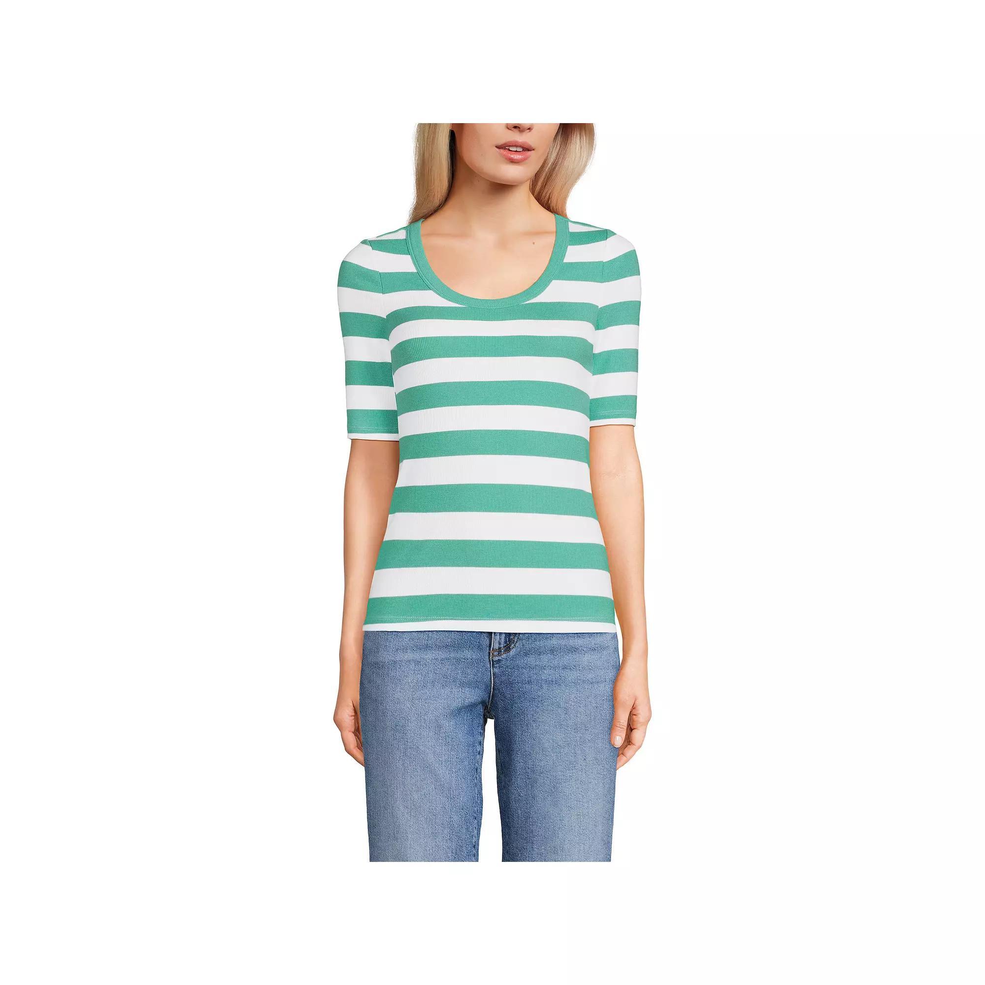 Women's Lands' End Elbow Sleeve Scoop Neck Tee, Size: Large, Frosted Green Stripe Product Image