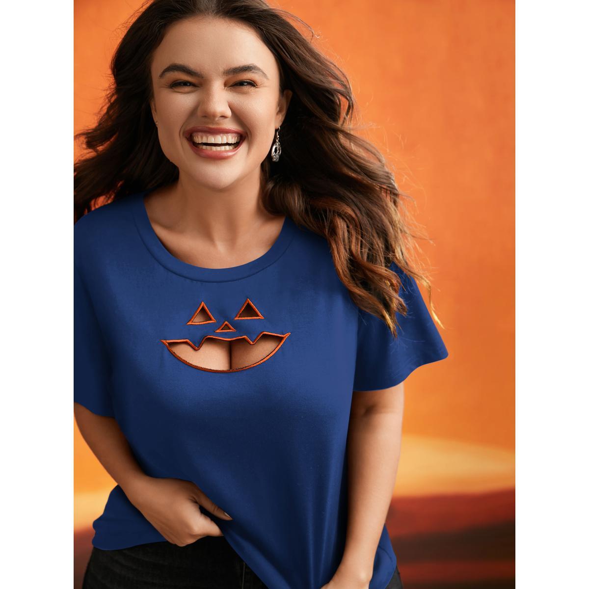 Plus Size Jack-O-Lantern Neck Hollow Embroidered T-shirt RedViolet Women Casual Cut-Out Halloween Round Neck Everyday T-shirts BloomChic 12/L Product Image