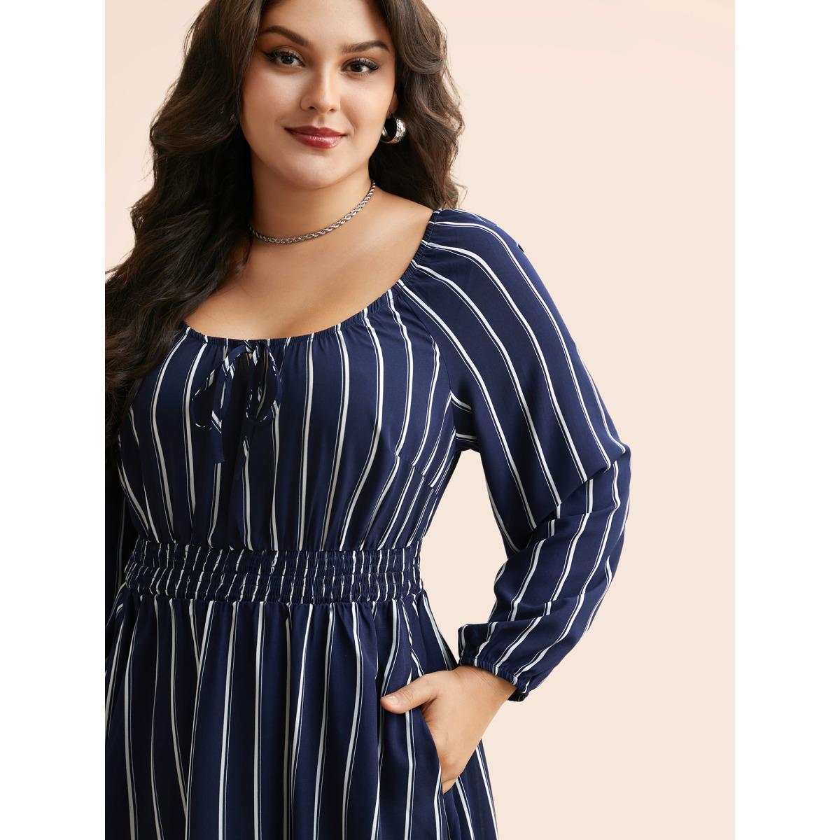 Plus Size Striped Shirred Lantern Sleeve Maxi Dress DarkBlue Women Elegant Tie knot U-neck Long Sleeve Curvy BloomChic 30/6X Product Image