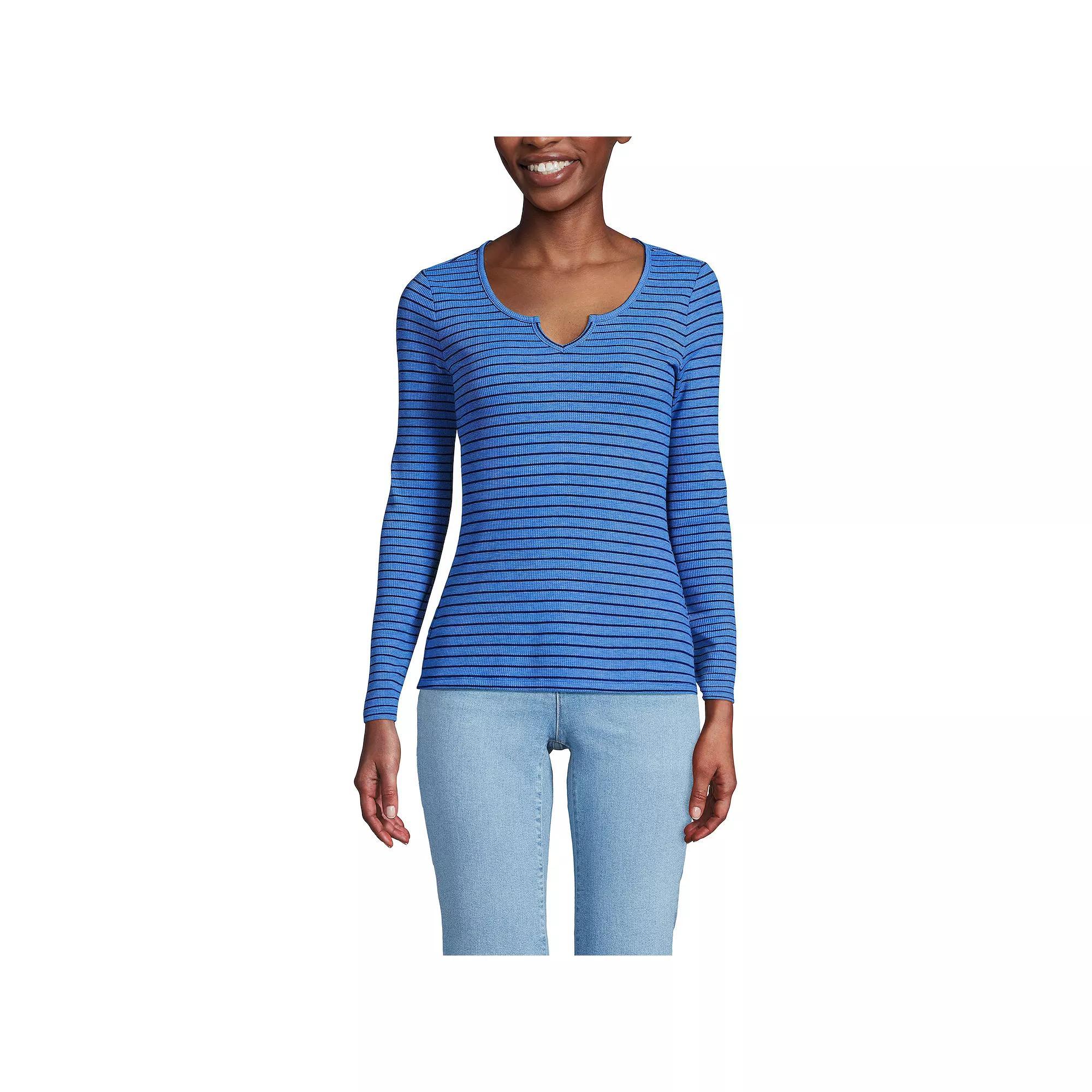 Women's Lands' End Waffle Notch Neck Top, Size: XS, Blue Breton Stripe Product Image