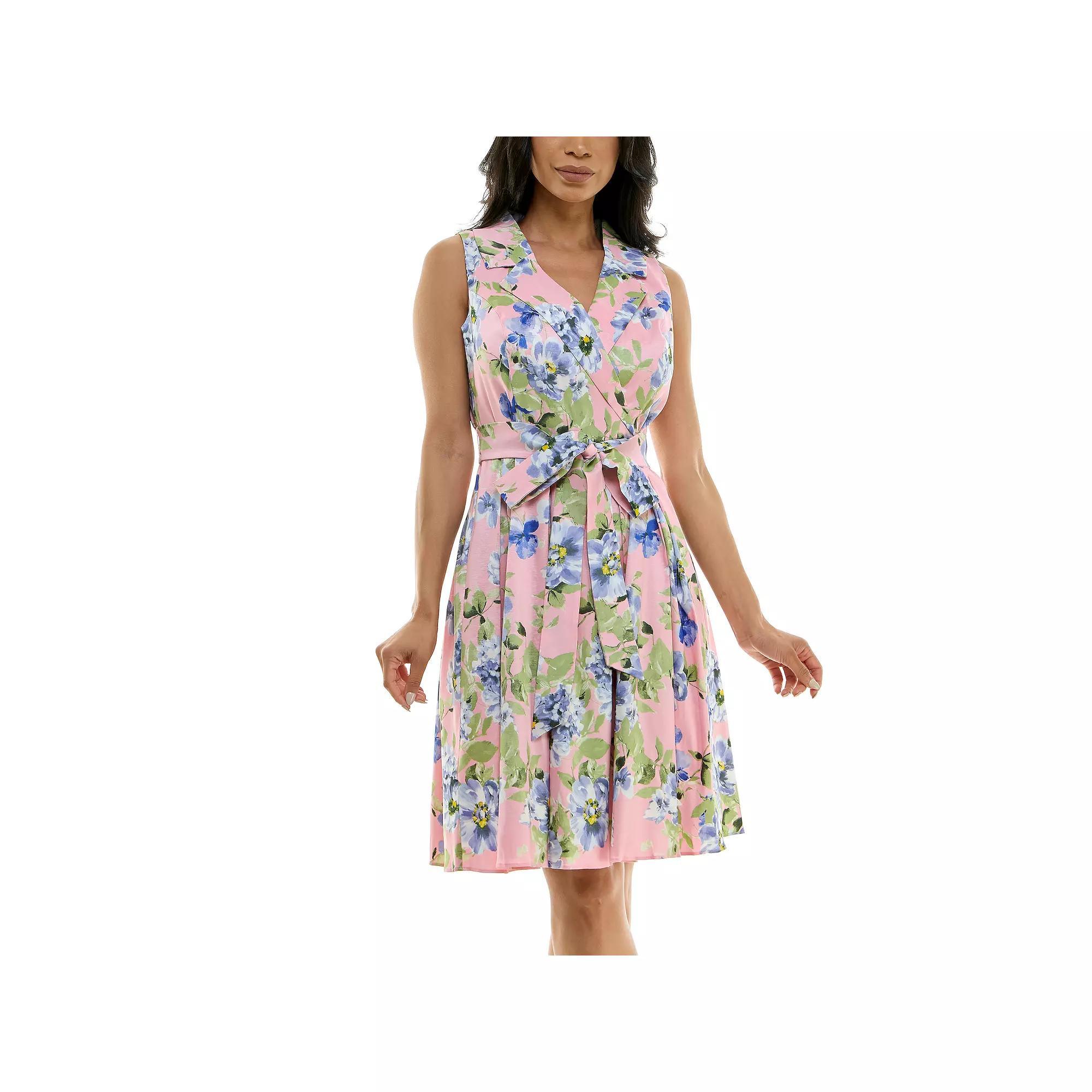 Women's Nina Leonard Floral Print Tie Waist Collared Sleeveless Fit & Flare Dress, Size: 14, Pink Team Product Image
