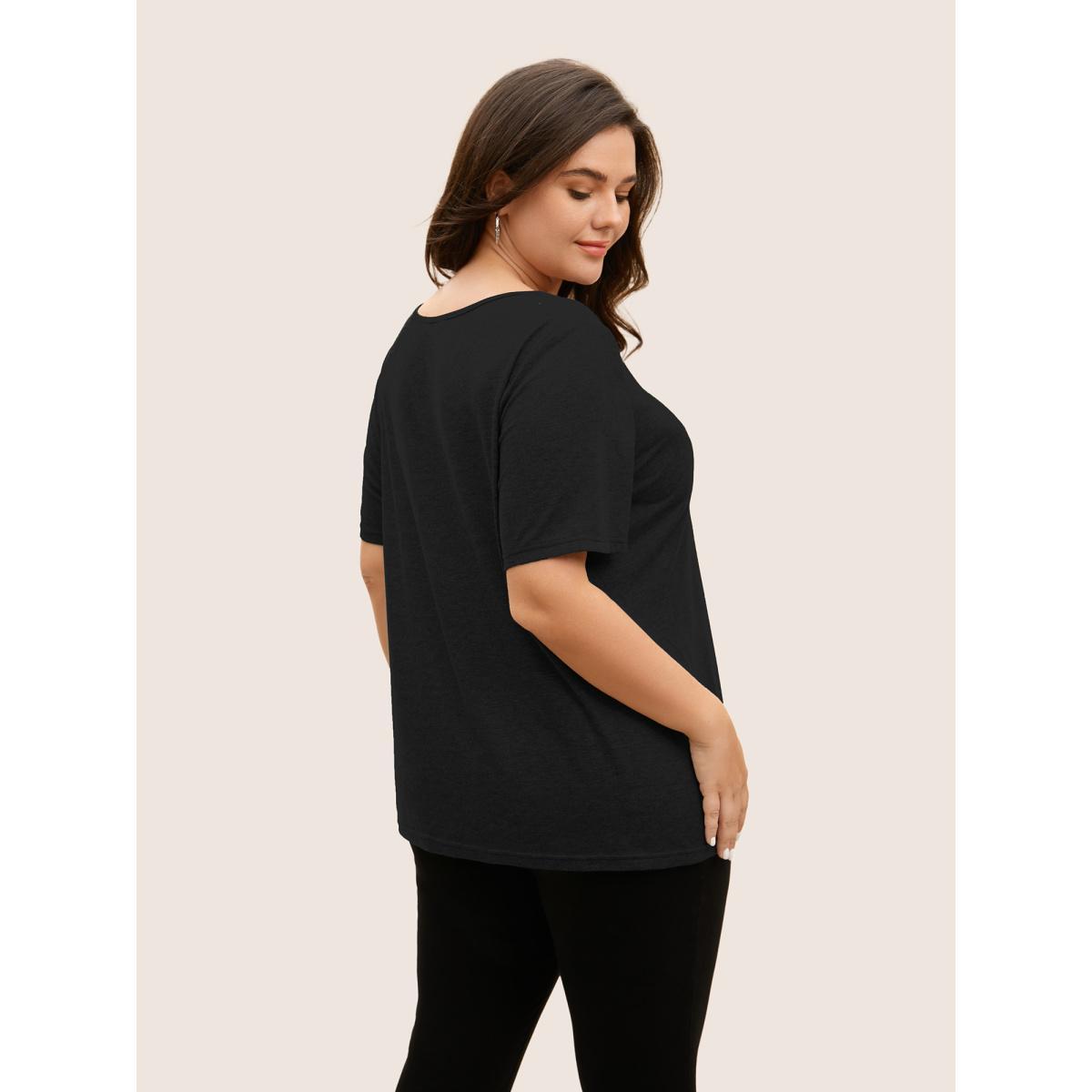 Plus Size Solid Heather Crisscross Medium Stretch T-shirt Black Women Casual Cut-Out V-neck Everyday T-shirts BloomChic 26/4X Product Image