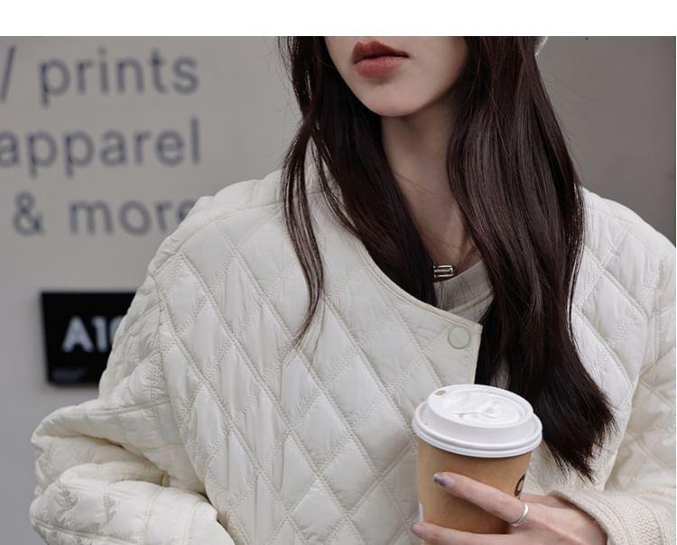 Crew Neck Plain Quilted Button-Up Crop Jacket Product Image