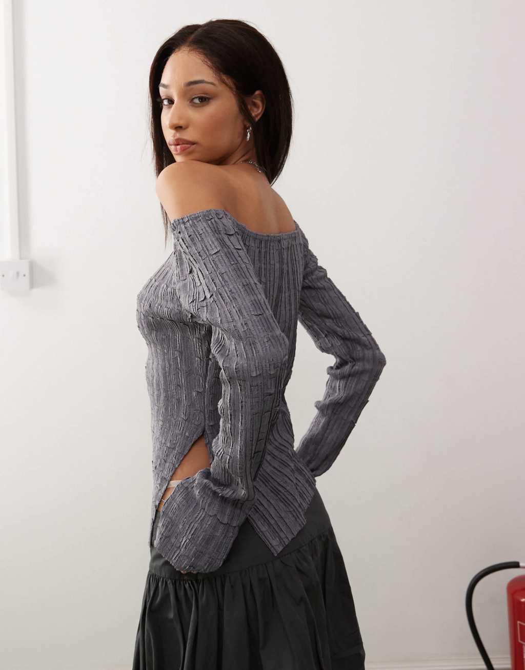 Reclaimed Vintage off the shoulder textured long sleeve top in charcoal Product Image