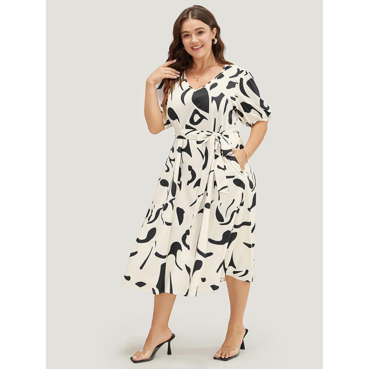 Plus Size Geometric Print Pocket Flutter Hem Belted Puff Sleeve Dress Multicolor Women Elegant Belted V-neck Short sleeve Curvy Midi Dress BloomChic 10/M Product Image