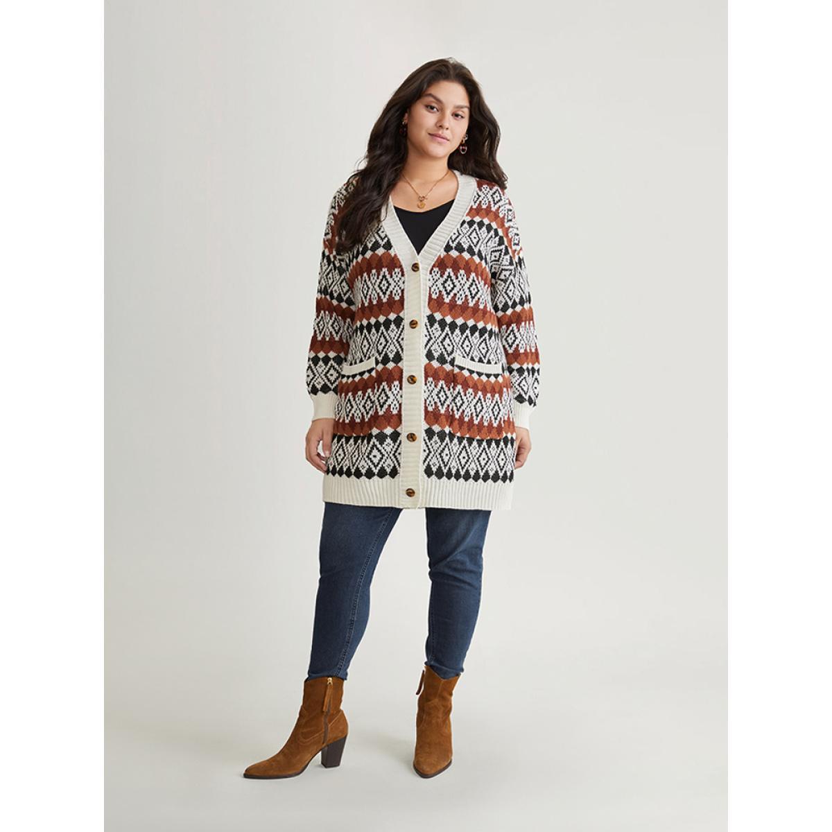 Plus Size Geometric Jacquard Pocket Button Up Cardigan Chocolate Women Casual Loose Long Sleeve Dailywear Cardigans BloomChic 22-24/3X Product Image