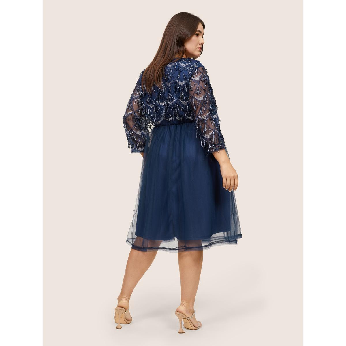 Plus Size Sequin Tassels Plisse Patchwork Mesh Knee Dress DarkBlue Women Cocktail Sequin V-neck Elbow-length sleeve Curvy Midi Dress BloomChic 18-20/2X Product Image