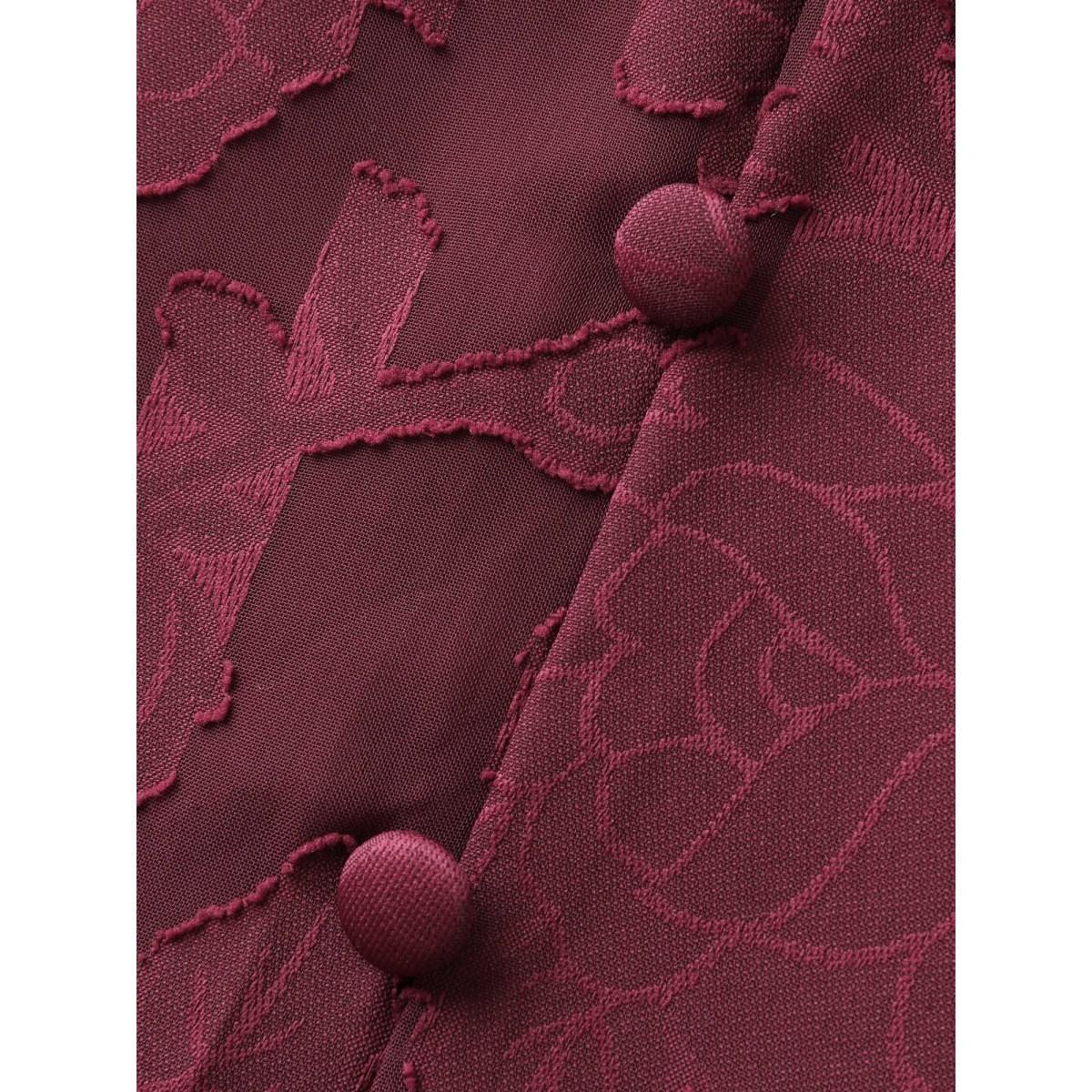 Plus Size Solid Textured Lantern Sleeve Button Detail Dress Burgundy Women Elegant Button V-neck Short sleeve Curvy BloomChic 12/L Product Image