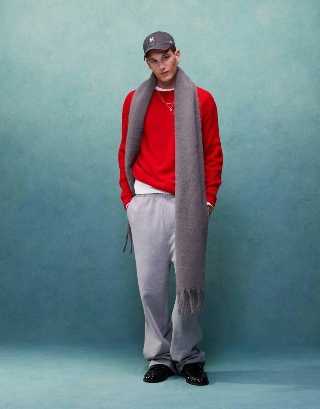 ASOS DESIGN oversized boxy fit knitted crew neck sweater with rib sleeves in red Product Image
