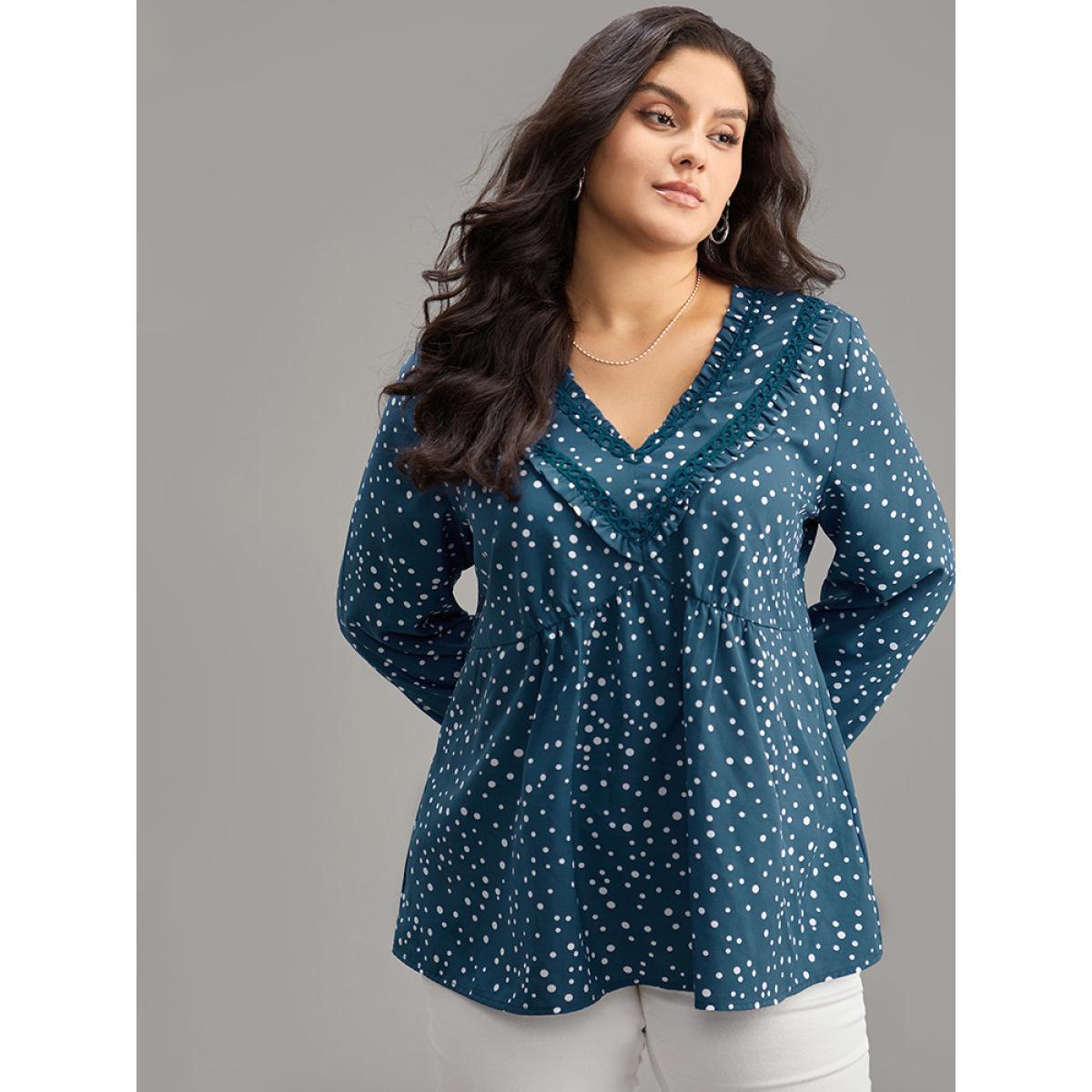 Plus Size Aegean Guipure Lace Polka Dot Blouse Women Elegant Long Sleeve V-neck Dailywear Blouses BloomChic 28/5X Product Image