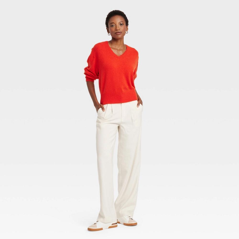 Women's Cozy Knit V-Neck Pullover Sweater - A New Day™ Red M Product Image