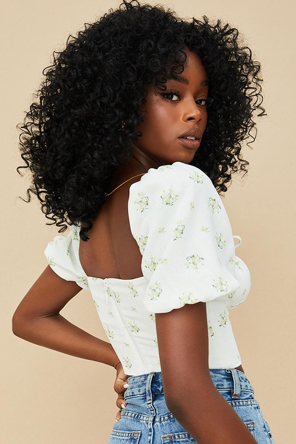 Arianna Ivory Floral Puff Sleeve Cropped Top Product Image