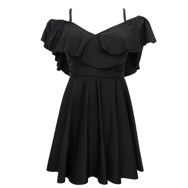 Cap-Sleeve Cold-Shoulder Plain Swim Dress Product Image