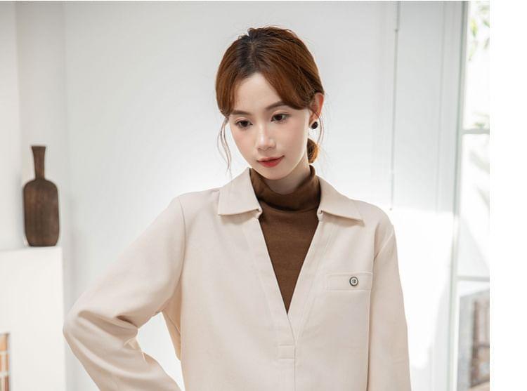 Long Sleeve Mock Neck Two Tone Mock Two Piece Shirt Product Image