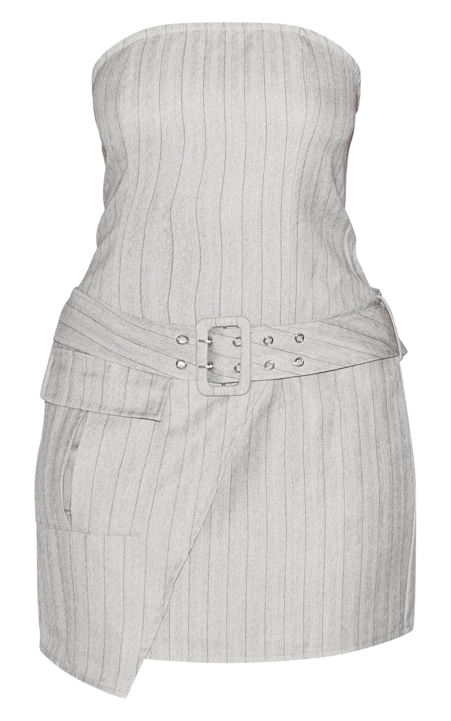 Grey Pinstripe Bandeau Belted Pocket Detail Shift Dress Product Image