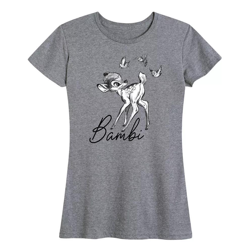 Disneys Bambi Womens Black White Watercolor Graphic Tee Grey Dark Red Product Image