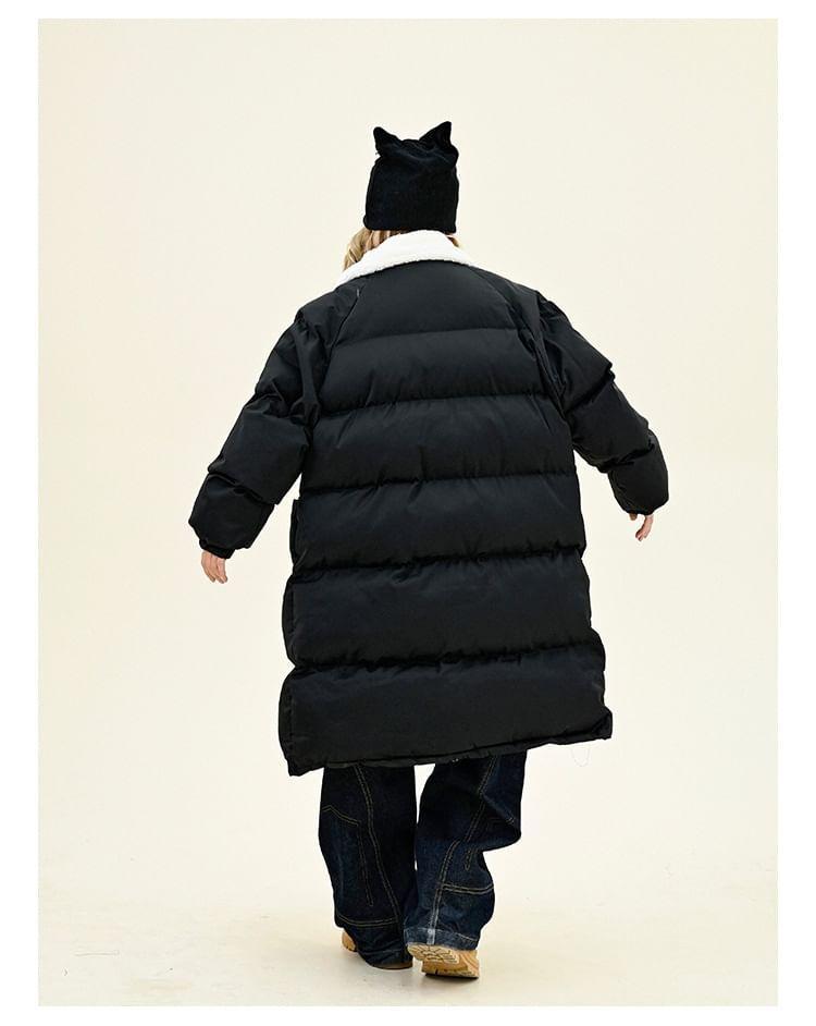 Collared Two Tone Lettering Long Puffer Coat Product Image