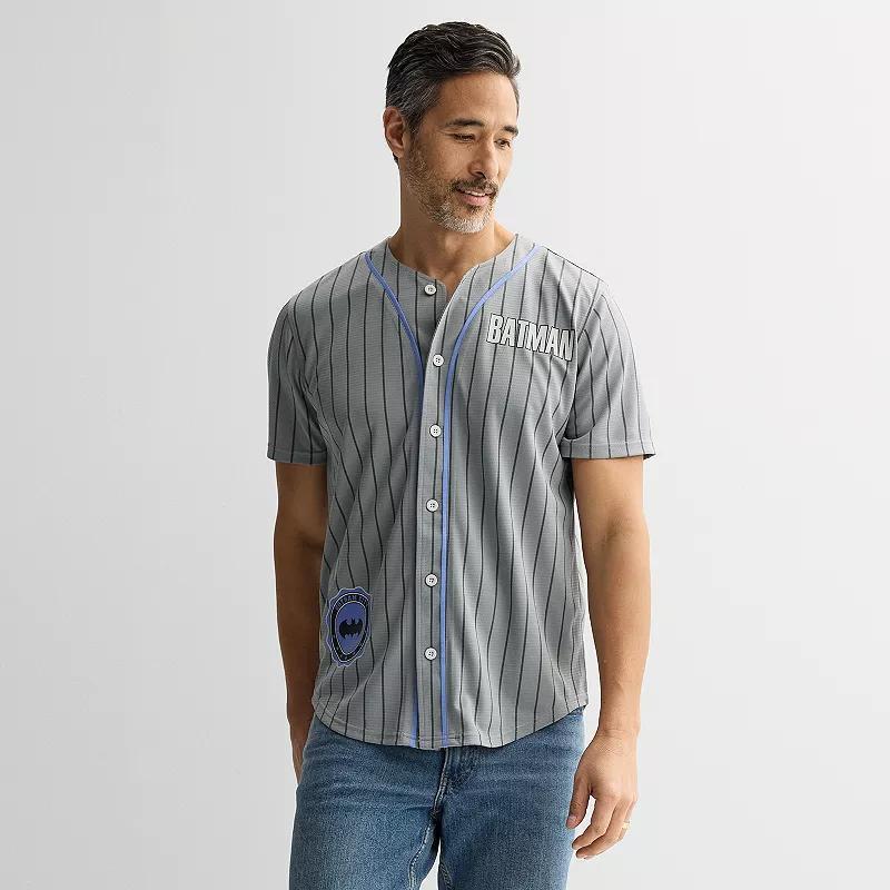 Men's Batman Pinstriped Graphic Baseball Jersey, Size: Large, Gray Product Image