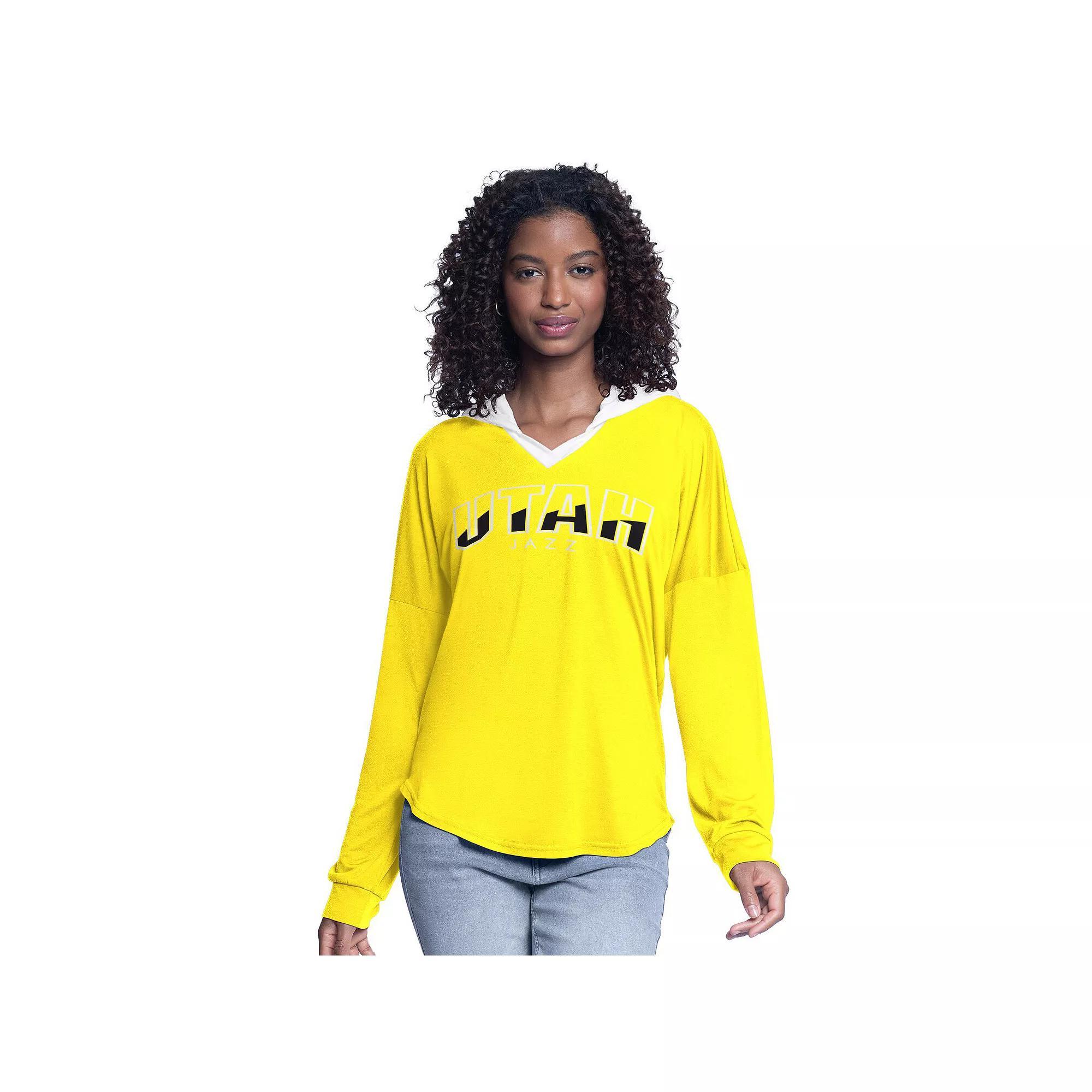 Women's G-III 4Her by Carl Banks Gold Utah Jazz Bench Player Oversized Long Sleeve Hooded Top, Size: Large, Jaz Gold Product Image