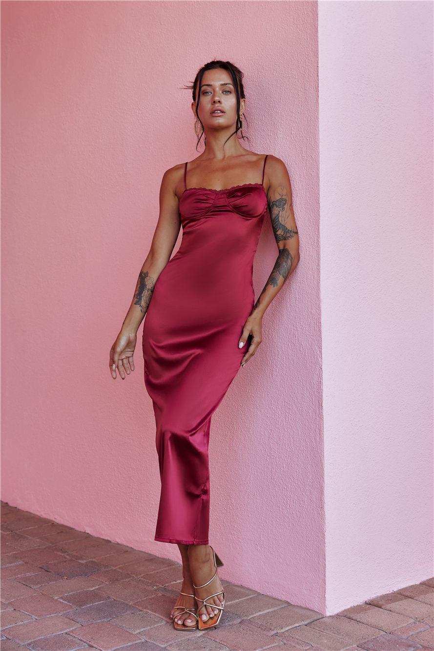 Claudia Satin Midi Dress Burgundy Product Image