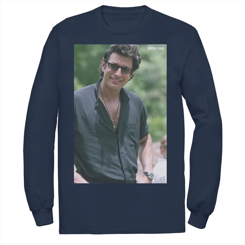 Mens Jurassic Park Jeff Goldblum Smile Poster Style Long Sleeve Graphic Tee Blue Product Image