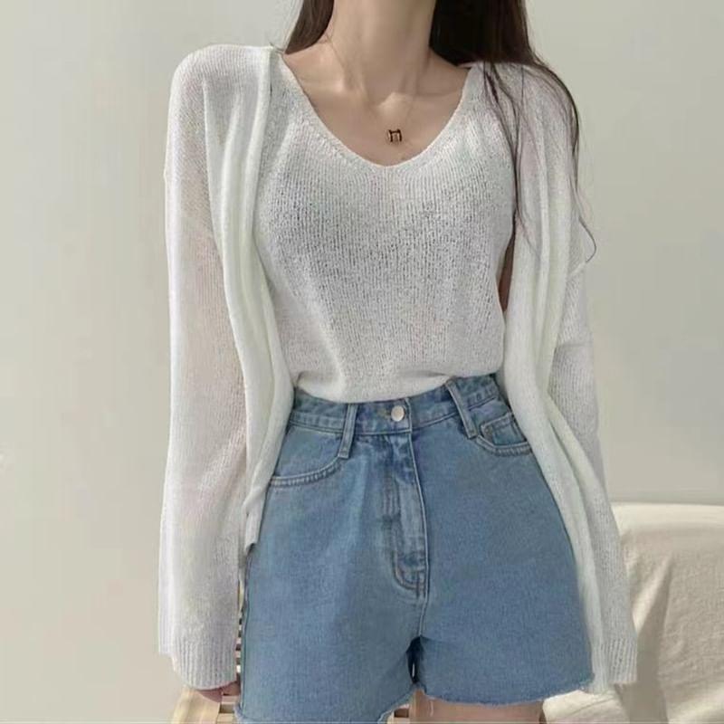 Set: V-Neck Plain Knit Crop Tank Top + Cardigan Product Image