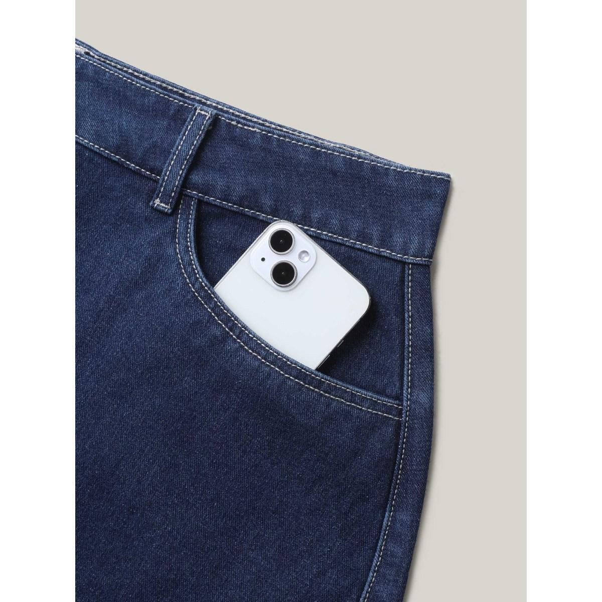 Plus Size Button Front Straight-Fit Denim Skirt Women Midblue Everyday-Casual Button Low stretch Medium Wash 26/4X Slanted pocket Elegant Denim Skirts BloomChic Product Image