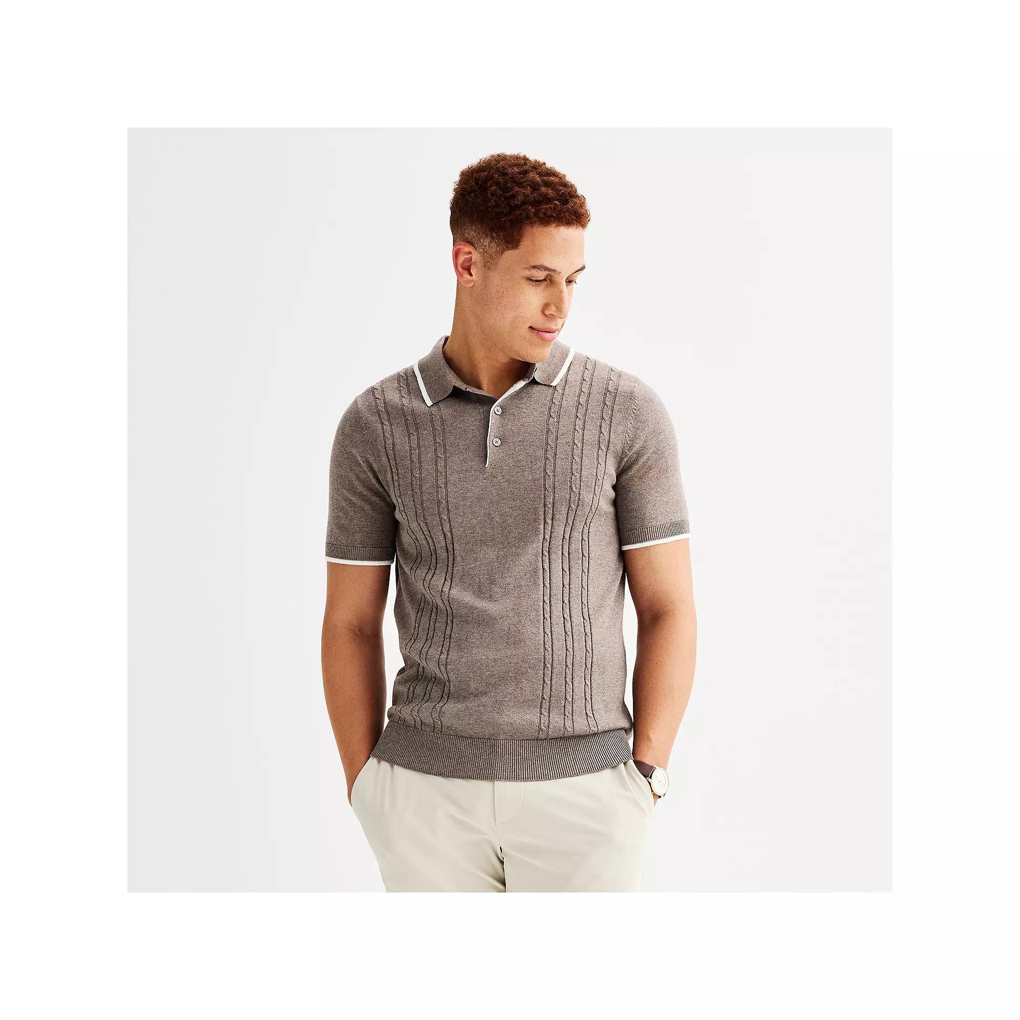 Men's Apt. 9® Short Sleeve Cable Knit Sweater Polo Shirt, Size: Large, Mineral Black Product Image