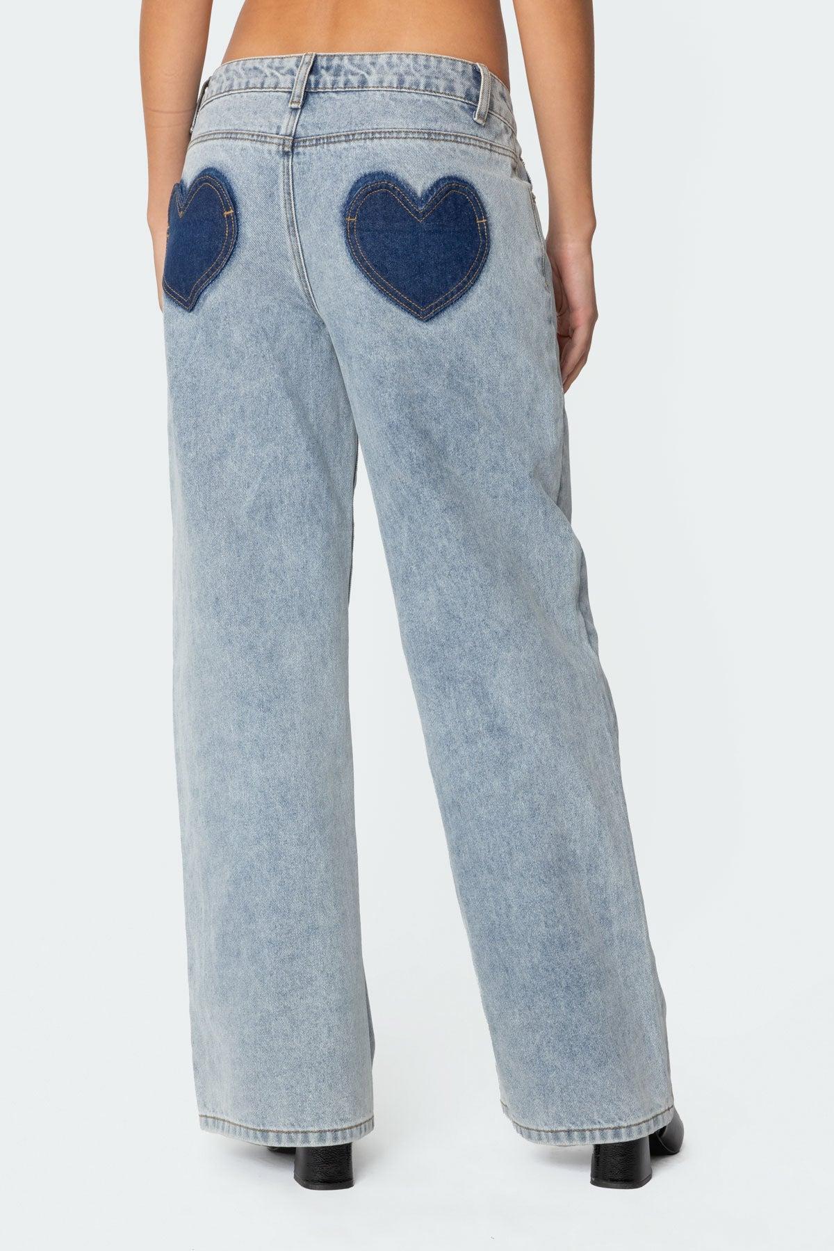 Contrast Heart Washed Low Rise Jeans Product Image