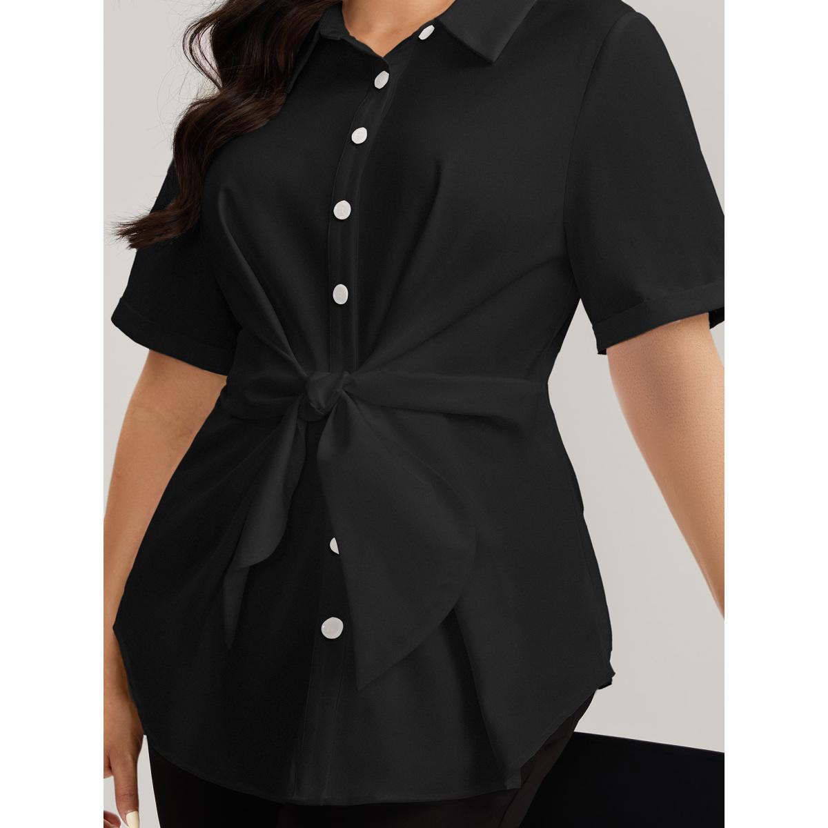 Plus Size Black Knotted Front Asymmetrical Hem Blouse Women Short sleeve Shirt collar Work Blouses BloomChic 12/L Product Image