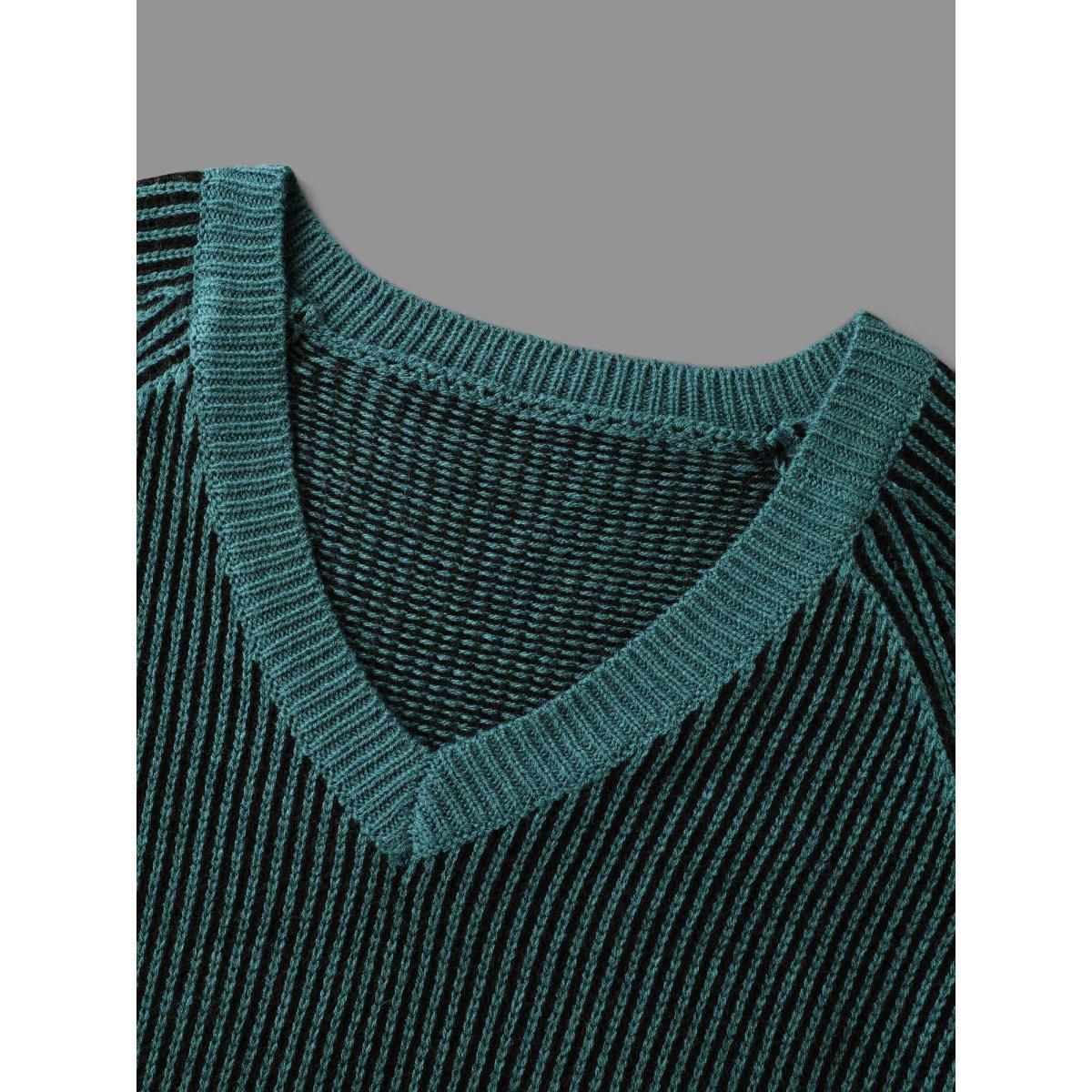 Plus Size Cable Knit V-Neck Raglan Sleeve Pullover Cyan Women Casual Loose Long Sleeve V-neck Everyday Pullovers BloomChic 30/6X Product Image