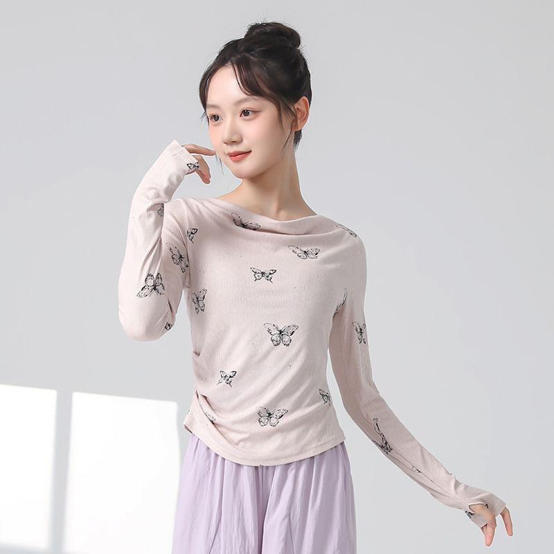 Long-Sleeve Boatneck Thumbhole Butterfly Print Top Product Image