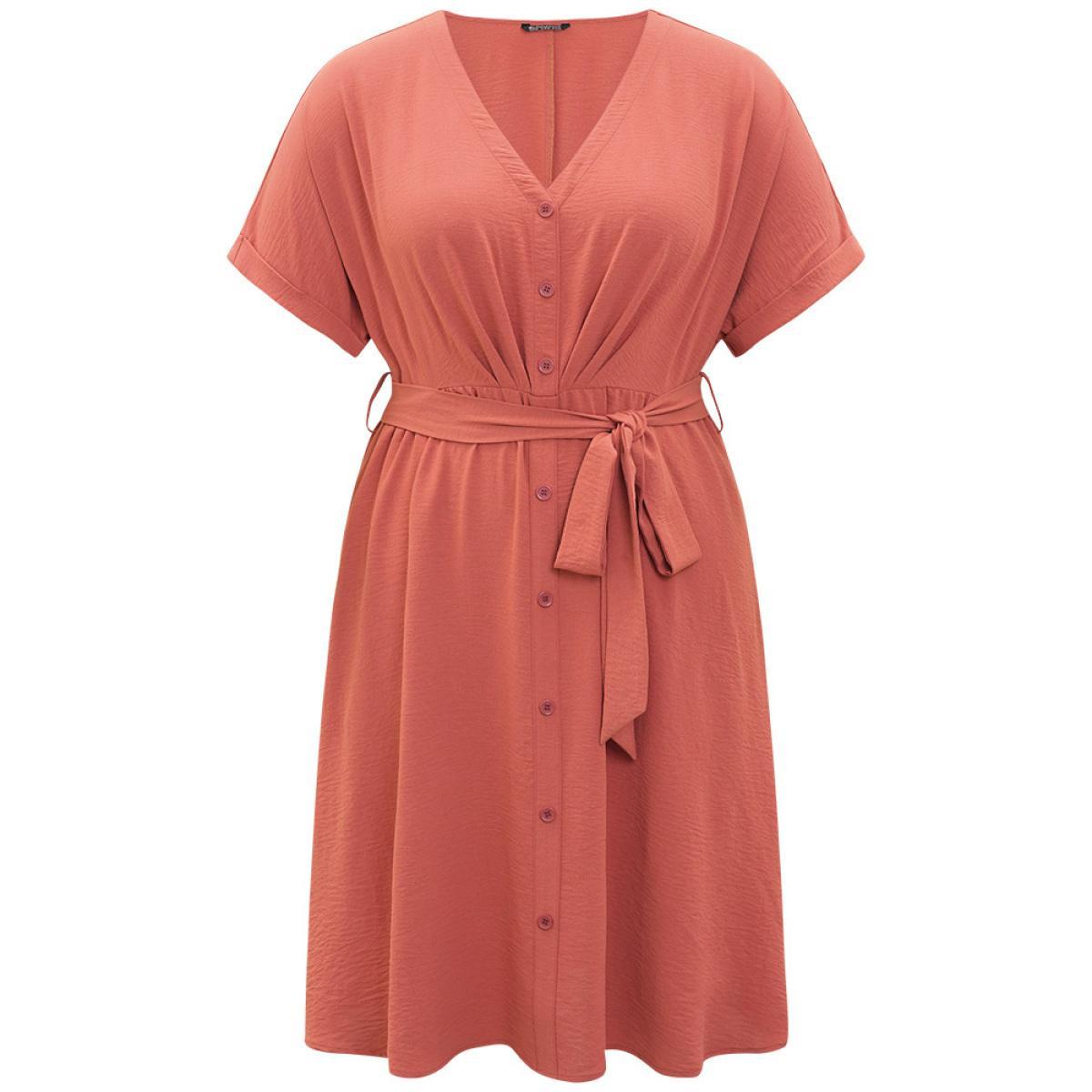 Plus Size Solid Pocket Button Detail Ties Roll Sleeve Dress Rust Women Office Plain V-neck Short sleeve Curvy Midi Dress BloomChic 12/L Product Image
