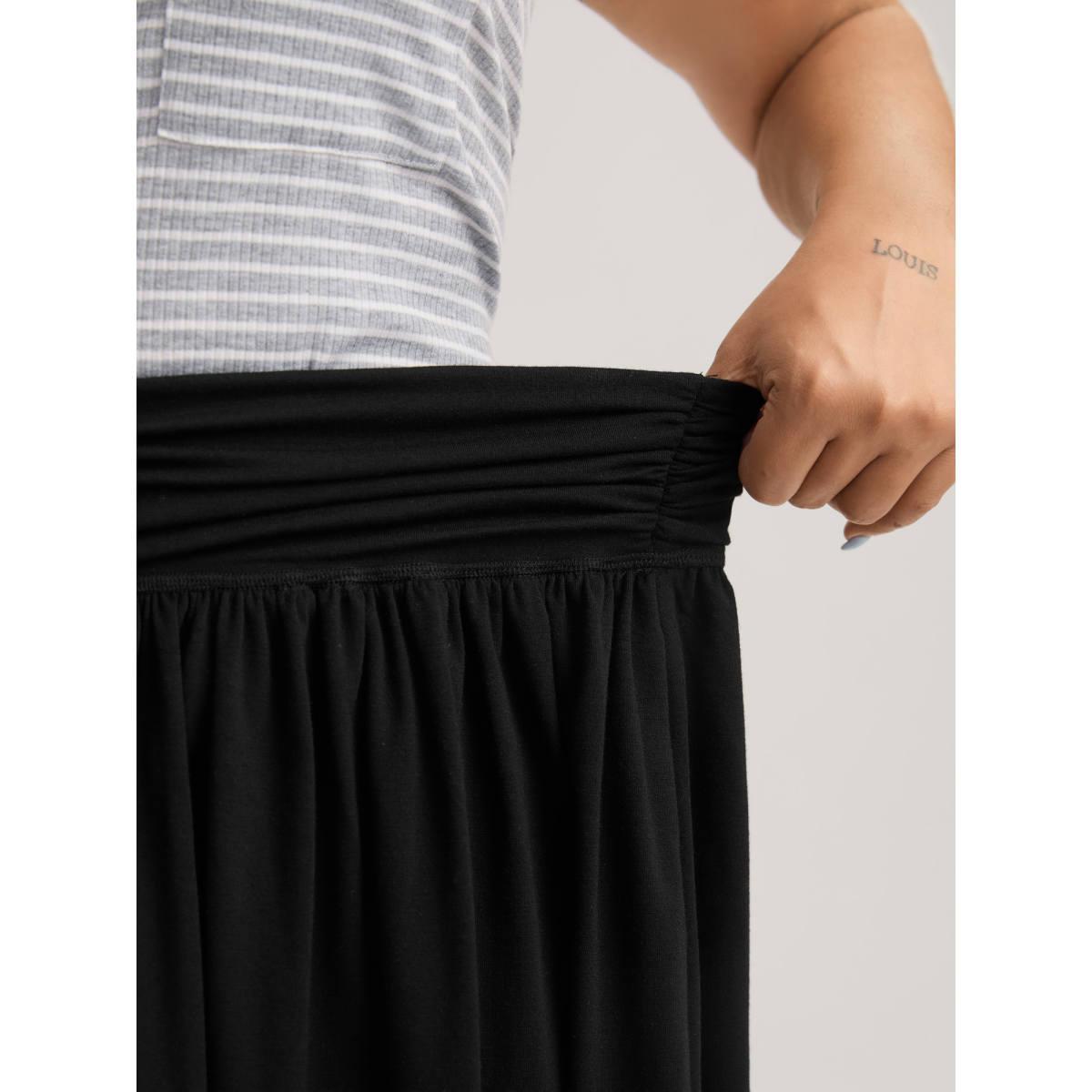 Plus Size Ruched Waist Flowy Solid Midi Skirt Women Black Casual Loose No stretch Side seam pocket Everyday-Casual Skirts BloomChic 18-20/2X Product Image