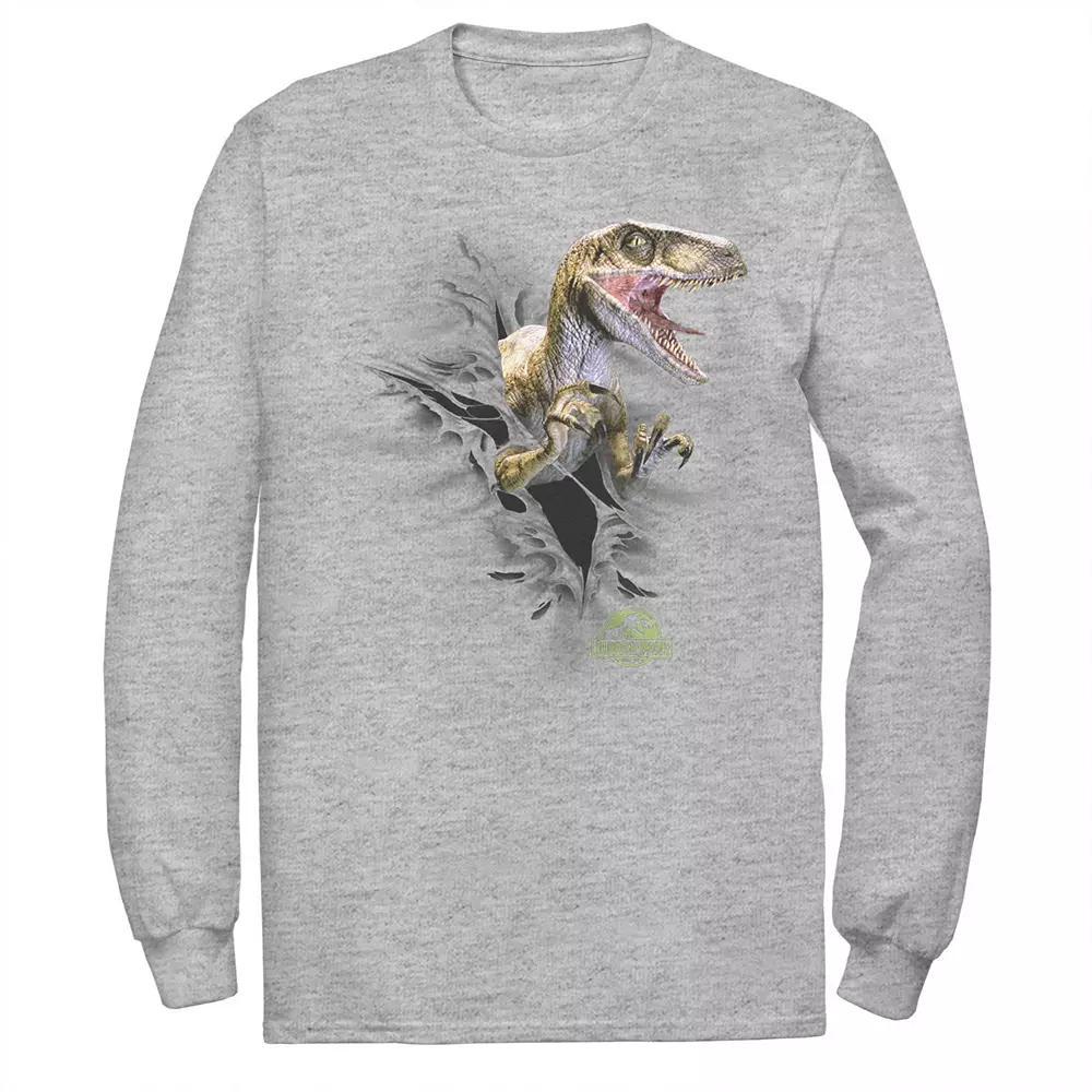 Men's Jurassic Park Ripping Velociraptor Long Sleeve Tee, Size: Medium, Athletic Grey Product Image