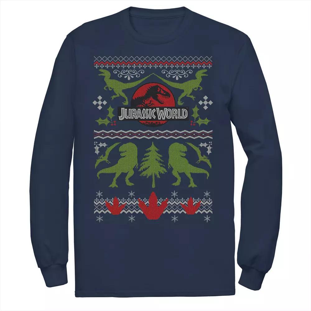 Men's Jurassic World Dinosaur Xmas Ugly Sweater Long Sleeve Graphic Tee, Size: Small, Blue Product Image
