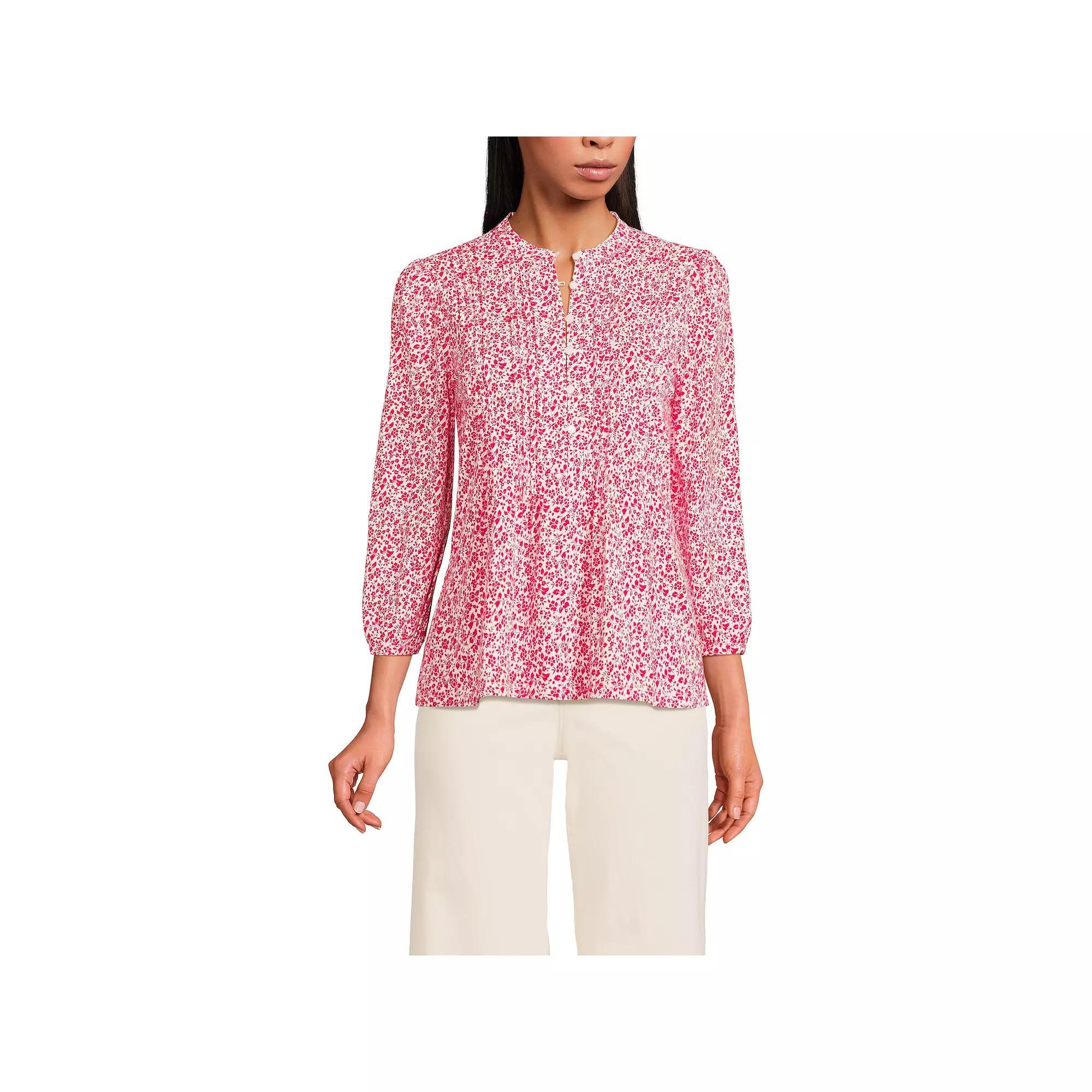Women's Lands' End Lightweight Jersey Button Pintuck Top, Size: XL, Ivory Pink Blossoms Product Image