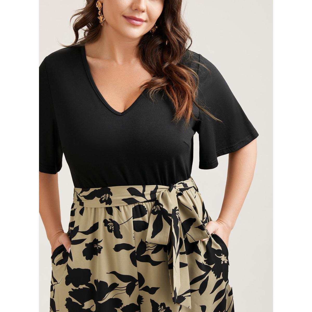 Plus Size Tan Floral Print Spliced Belted Wide-Leg Jumpsuit Women Elegant Short sleeve V-neck Everyday-Elegant Loose Jumpsuits BloomChic 12/L Product Image
