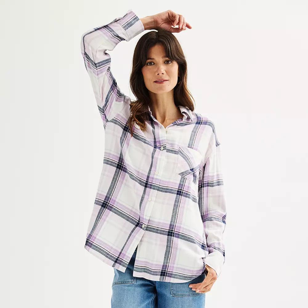 Petite Sonoma Goods For Life® Oversized Boyfriend Flannel, Women's, Size: Large Petite, Dark Purple Plaid Product Image