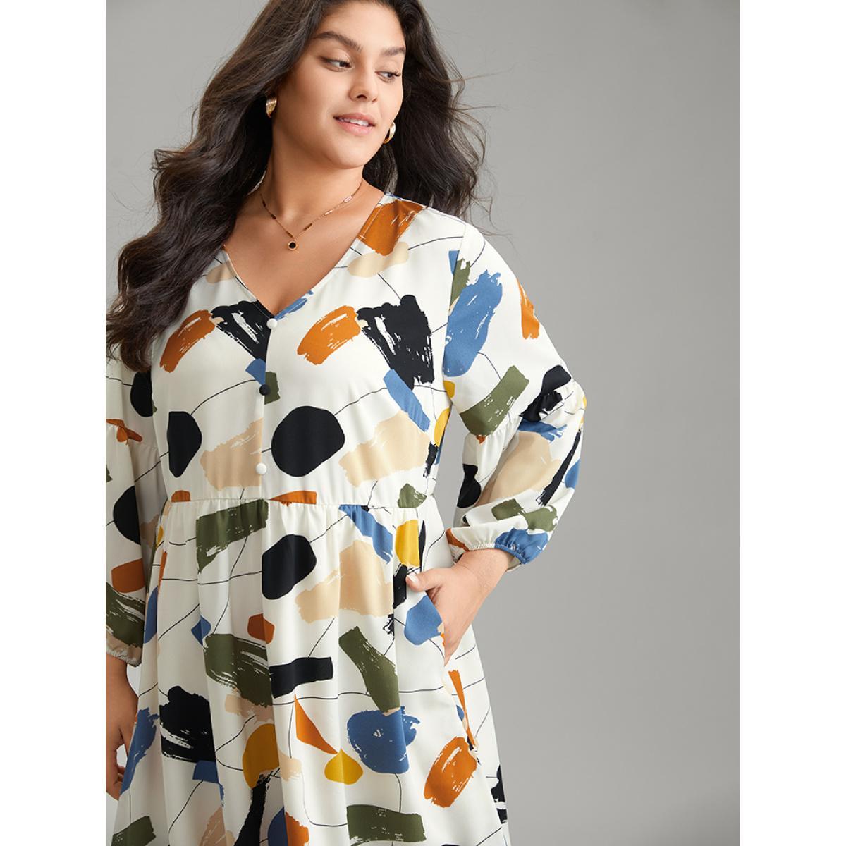 Plus Size Colored Brush Print Pocket Button Detail Dress Ivory Women At the Office Elastic cuffs V-neck Long Sleeve Curvy Midi Dress BloomChic 30/6X Product Image
