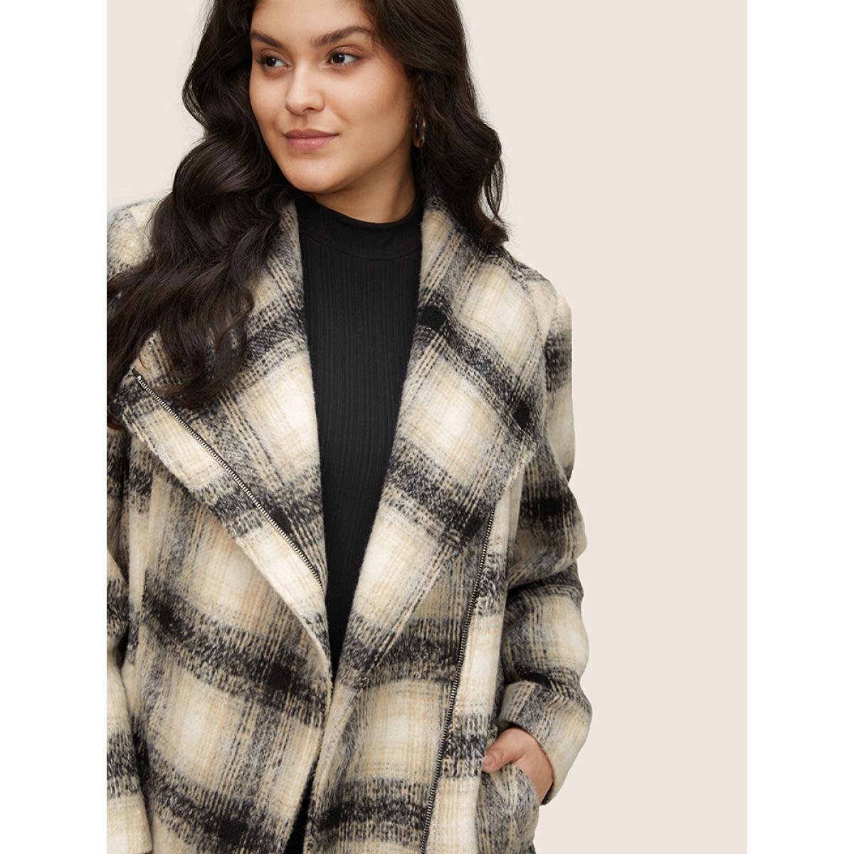 Plus Size Plaid Contrast Belted Lapel Collar Coat Women Black Casual Lined Ladies Dailywear Winter Coats BloomChic 10/M Product Image