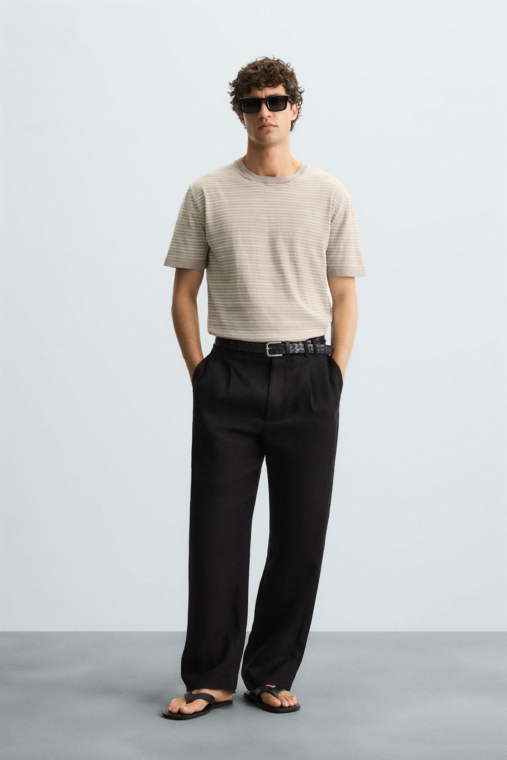 STRIPED COTTON LINEN KNIT T-SHIRT Product Image