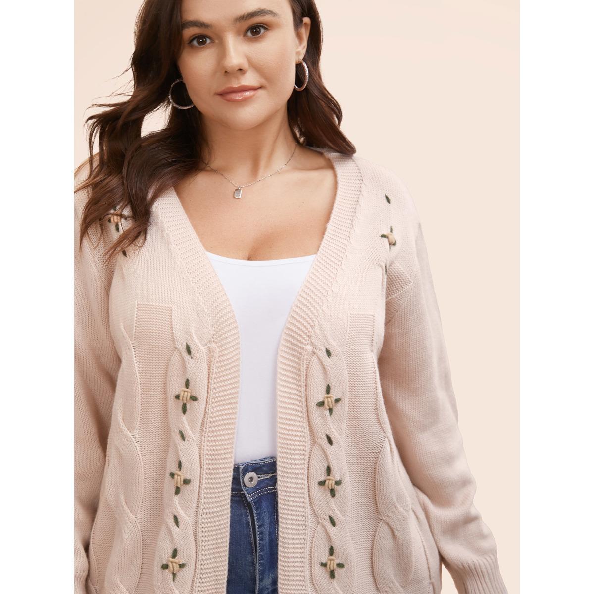 Plus Size Floral Embroidered Kimono Collar Cable Knit Cardigan MistyRose Women Casual Loose Long Sleeve Everyday Cardigans BloomChic 22-24/3X Product Image