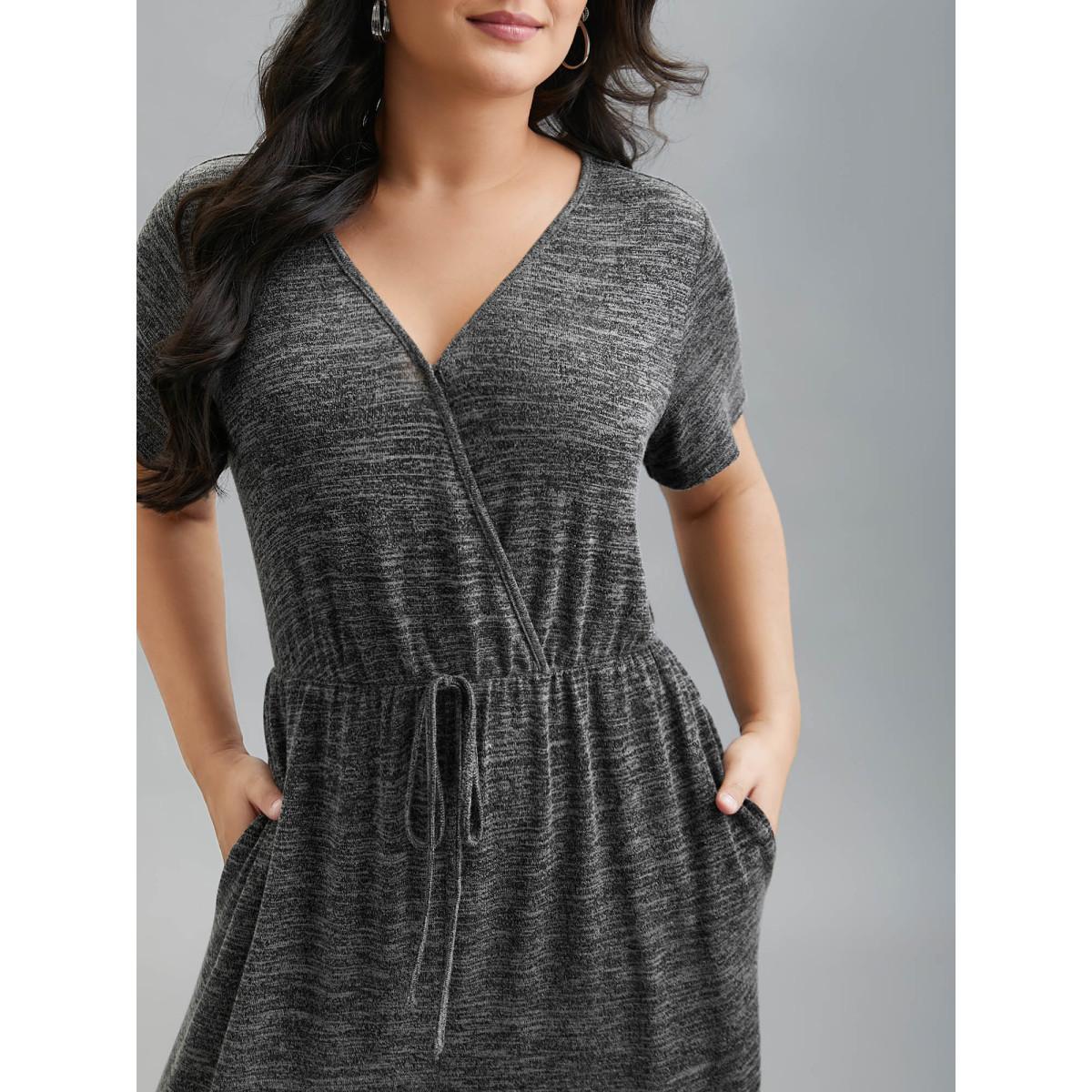 Plus Size DimGray Plain Wrap Drawstring Pocket Jumpsuit Women Casual Short sleeve Overlap Collar Everyday Loose Jumpsuits BloomChic 30/6X Product Image