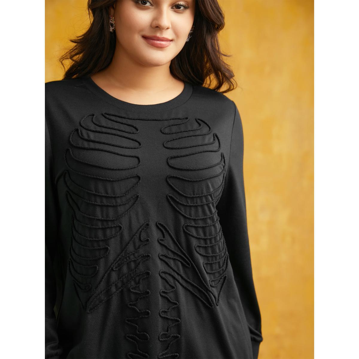 Plus Size Skeleton Embroidered Crew Neck Sweatshirt Women Black Casual Patchwork Loose Round Neck Everyday Sweatshirts BloomChic 28/5X Product Image