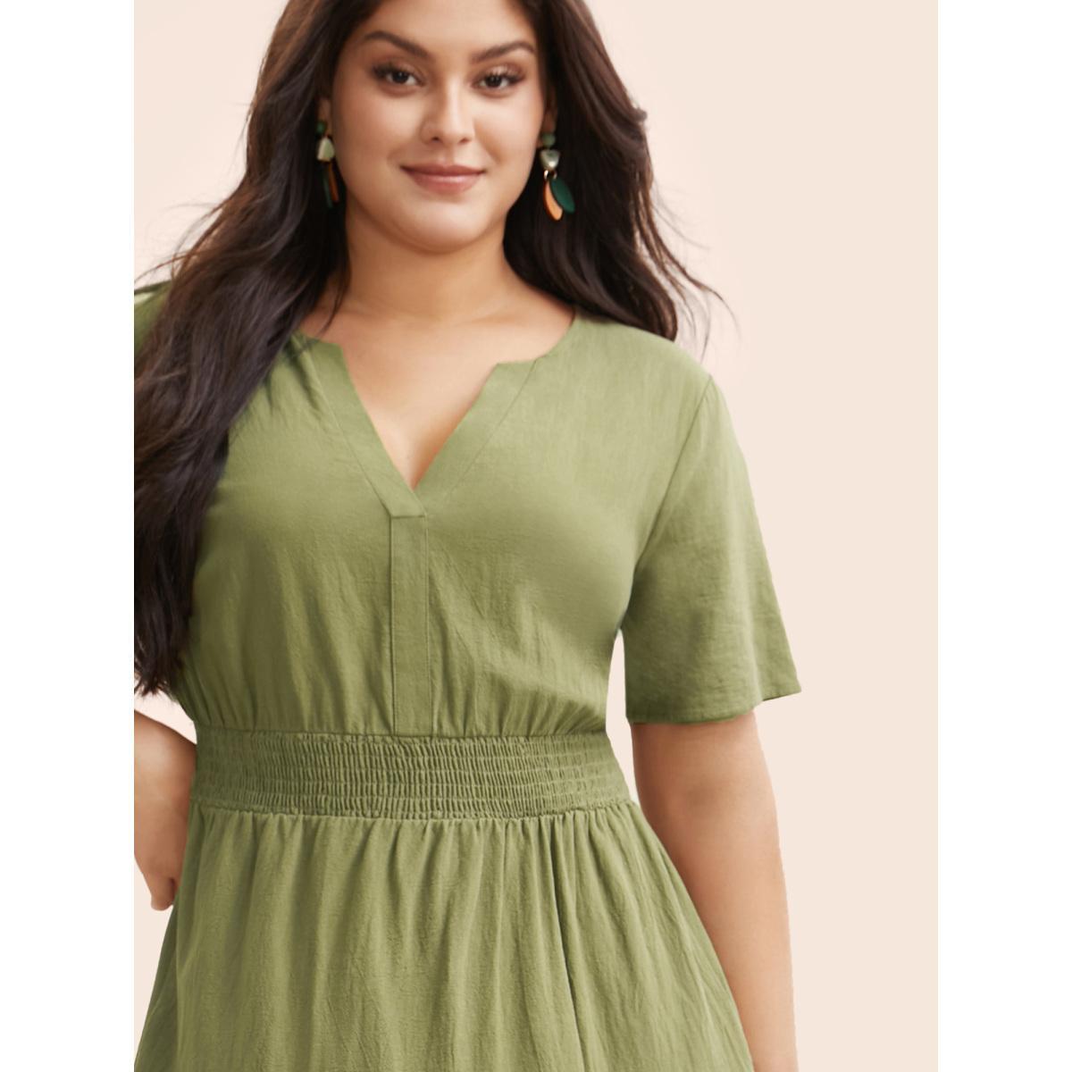 Plus Size Notched Shirred Ruffle Layered Hem Dress Olive Women Elegant Shirred Flat collar with V-notch Short sleeve Curvy BloomChic 10/M Product Image