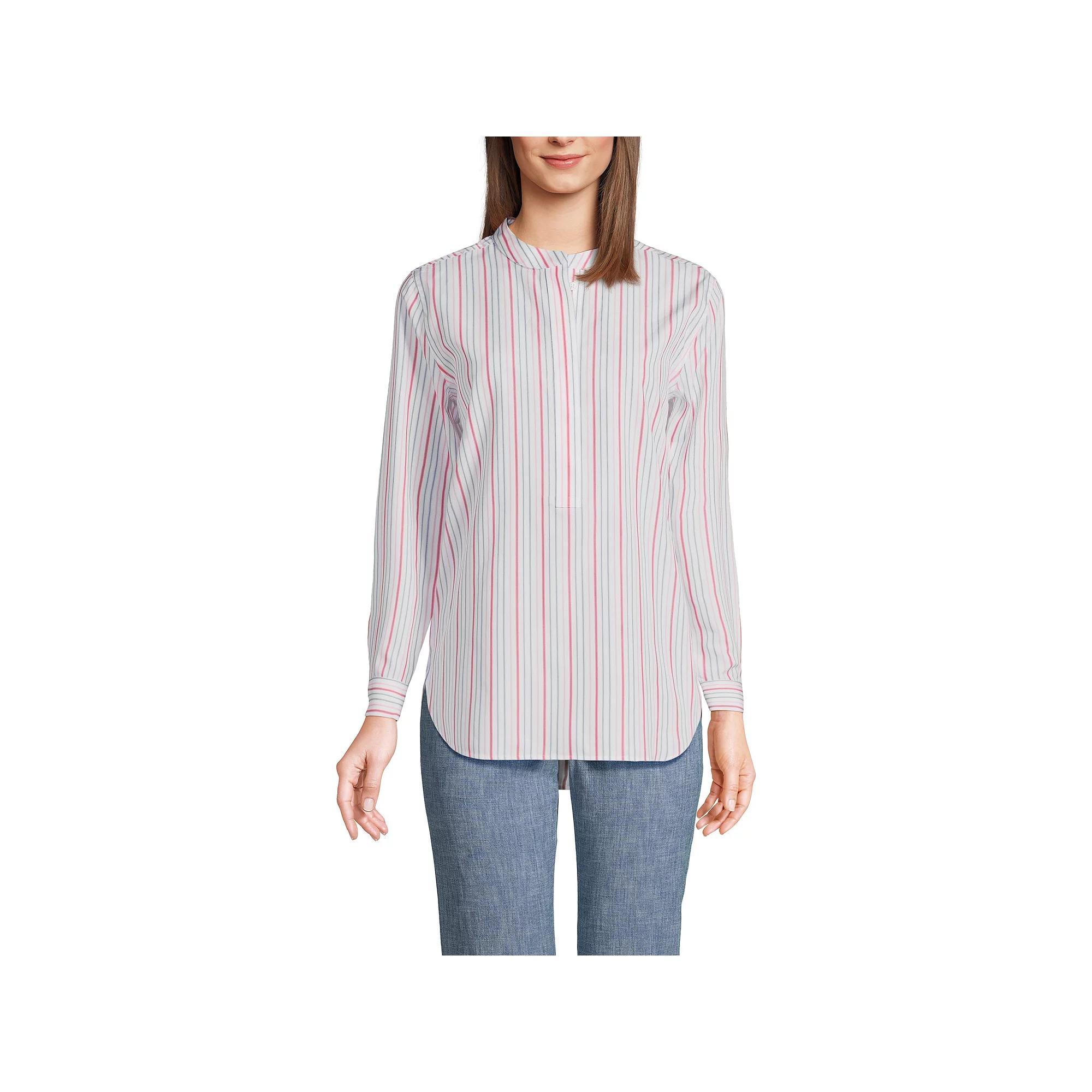 Women's Lands' End No Iron Long Sleeve Banded Collar Popover Shirt, Size: Medium, Multi Line Stripe Product Image