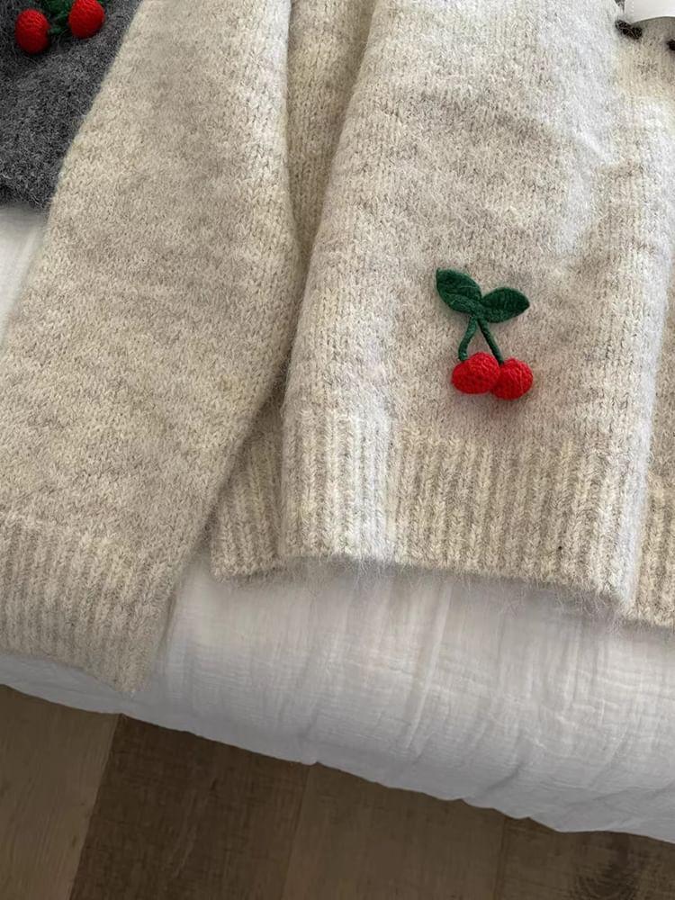 Crewneck Cherry Accent Lettering Applique Sweater Product Image