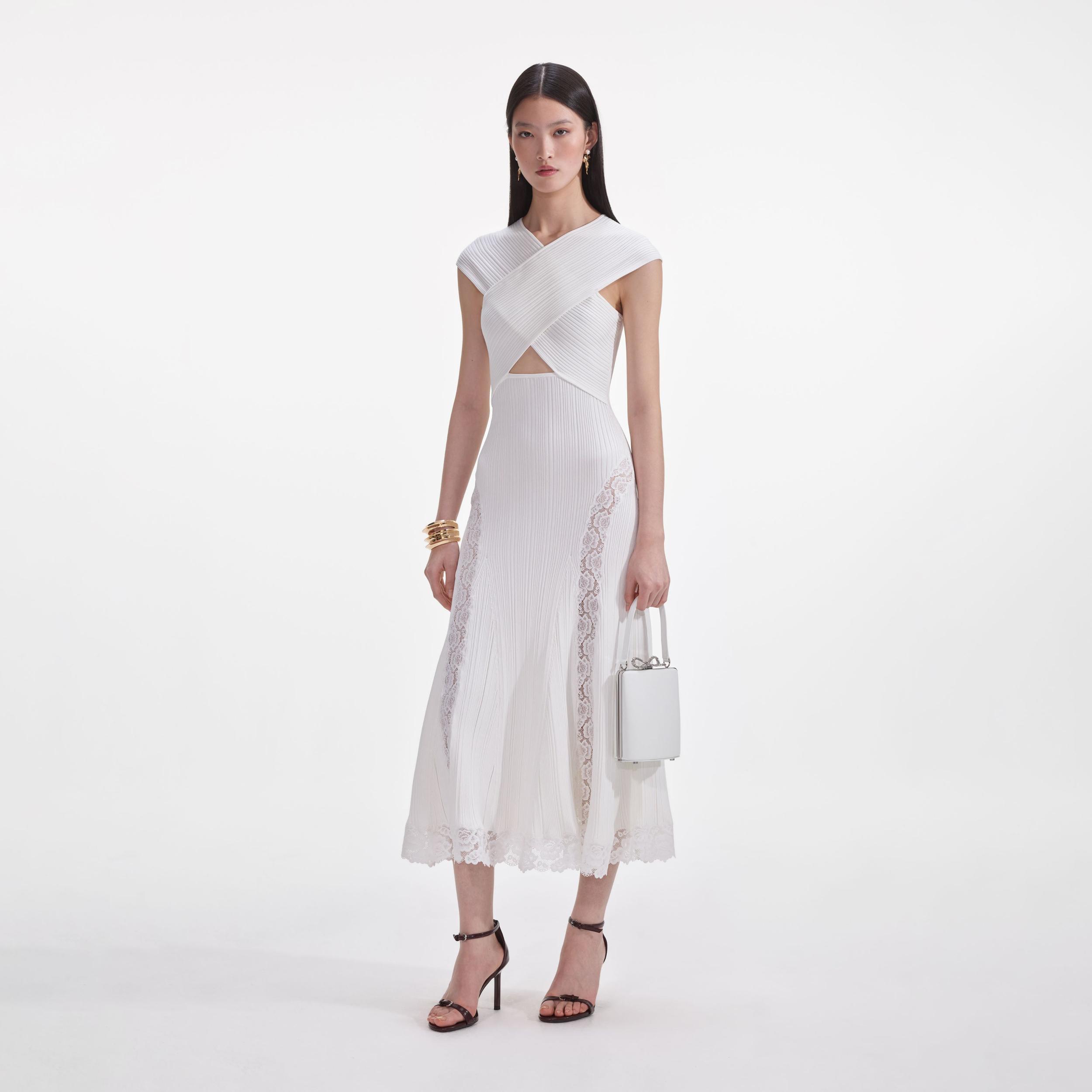 White Knit Lace Insert Midi Dress Product Image