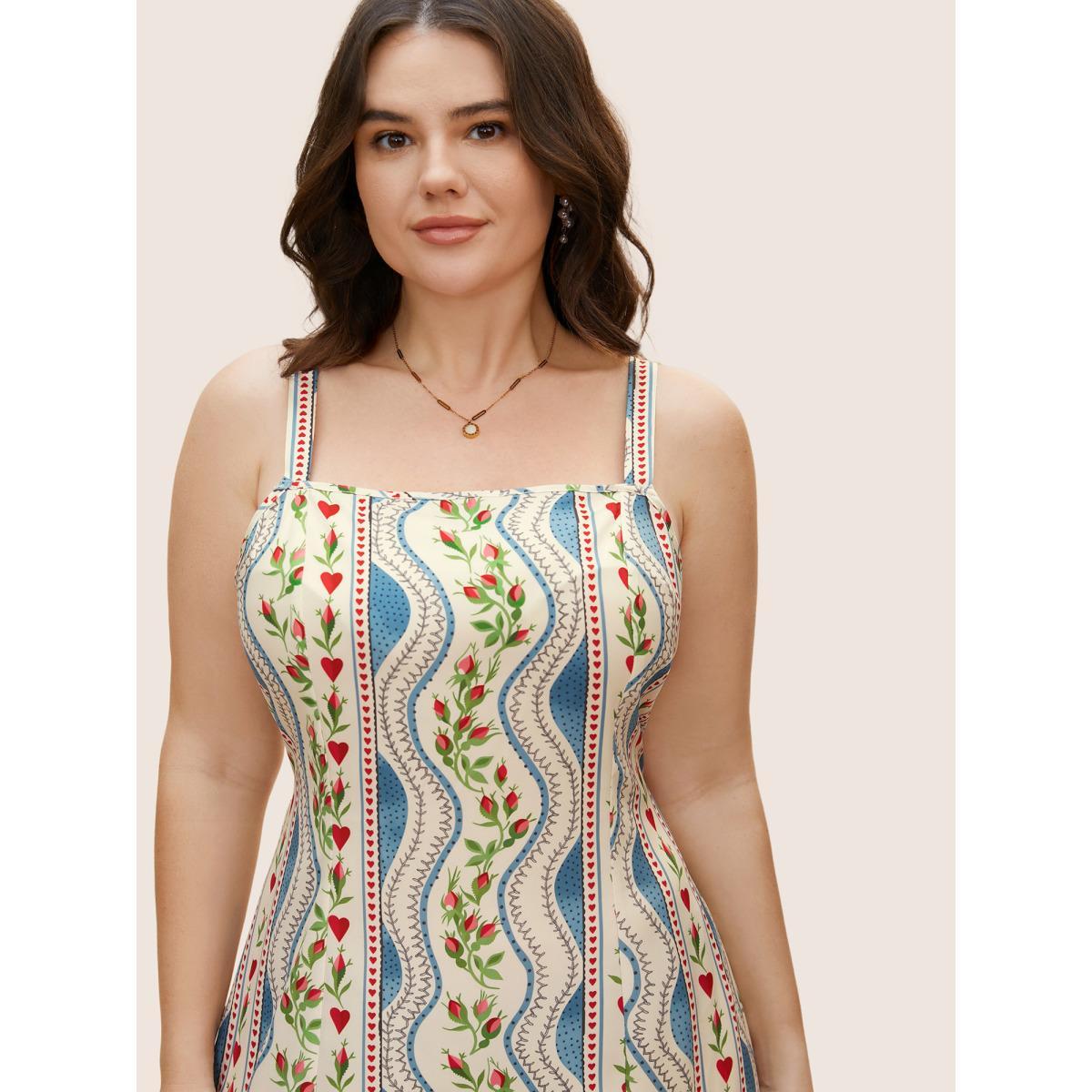 Plus Size Boho Print Split Front Cami Dress Skyblue Women Elegant Slit Non Sleeveless Curvy BloomChic 14-16/1X Product Image